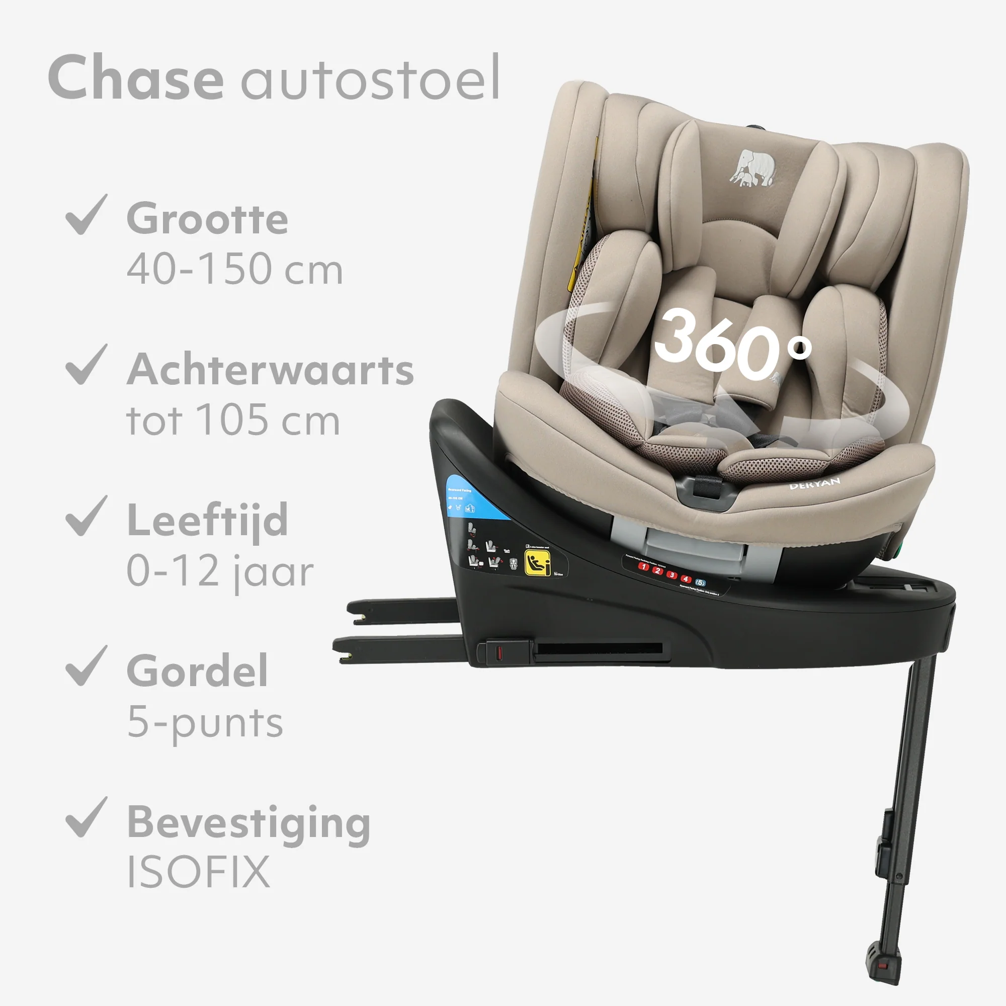 Silla de coche Chase Luxe i-Size - 0-36 kg - Pata de apoyo Isofix - Giratoria 360° - Nougat - Image 6