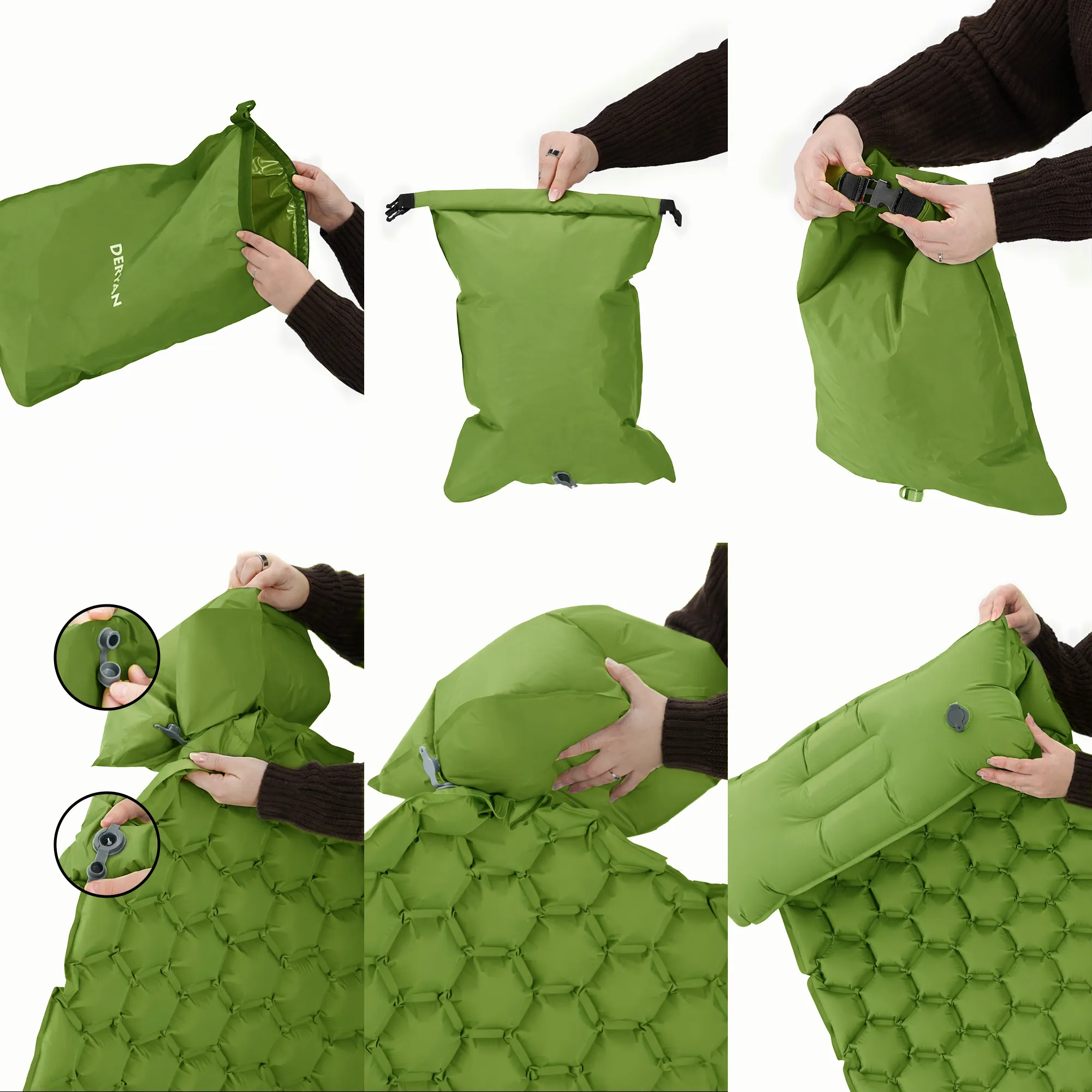 Colchón hinchable Deryan - Autoinflable con bomba incorporada - Colchón hinchable para acampada - Incluye bolsa - Verde - Image 10