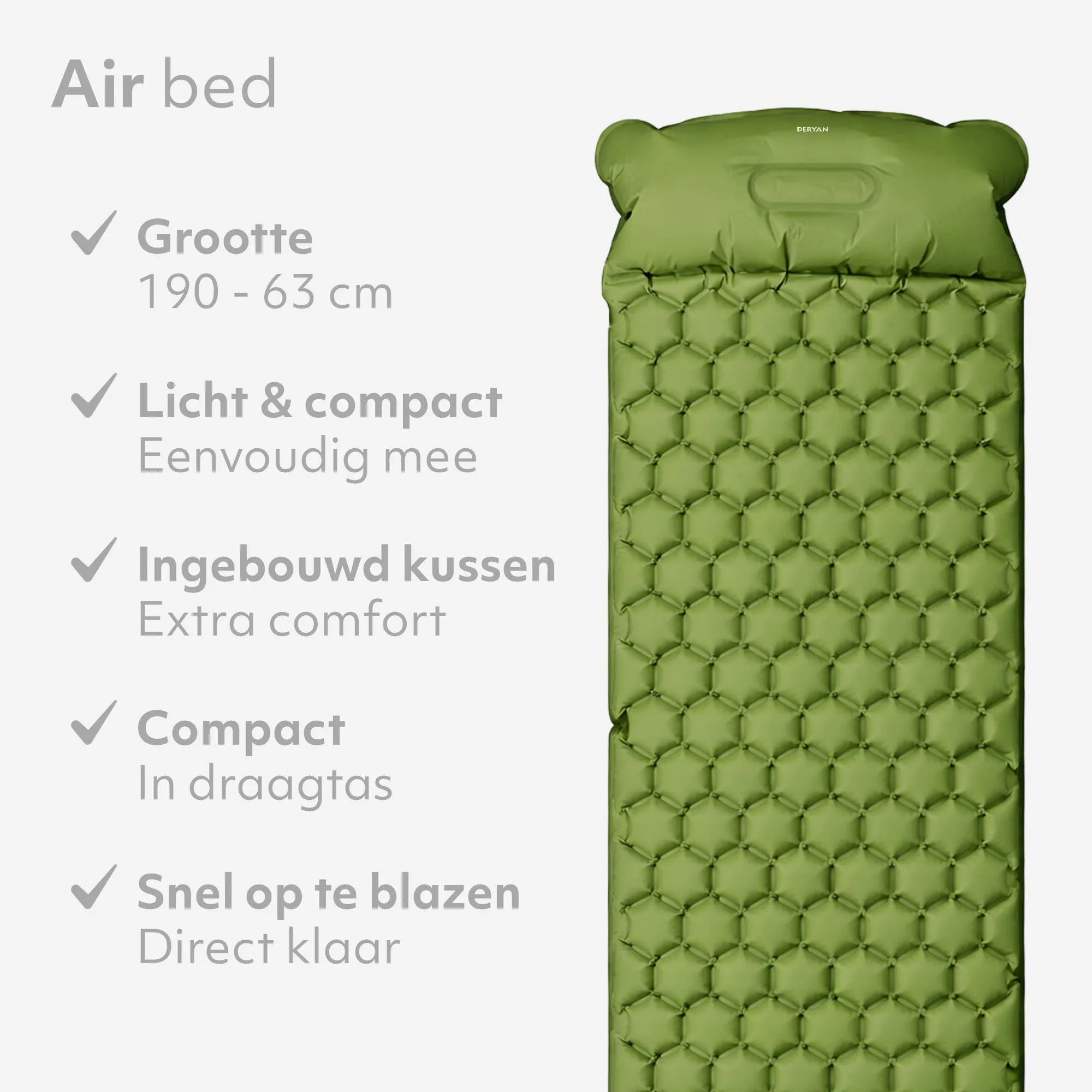 Colchón hinchable Deryan - Autoinflable con bomba incorporada - Colchón hinchable para acampada - Incluye bolsa - Verde - Image 3