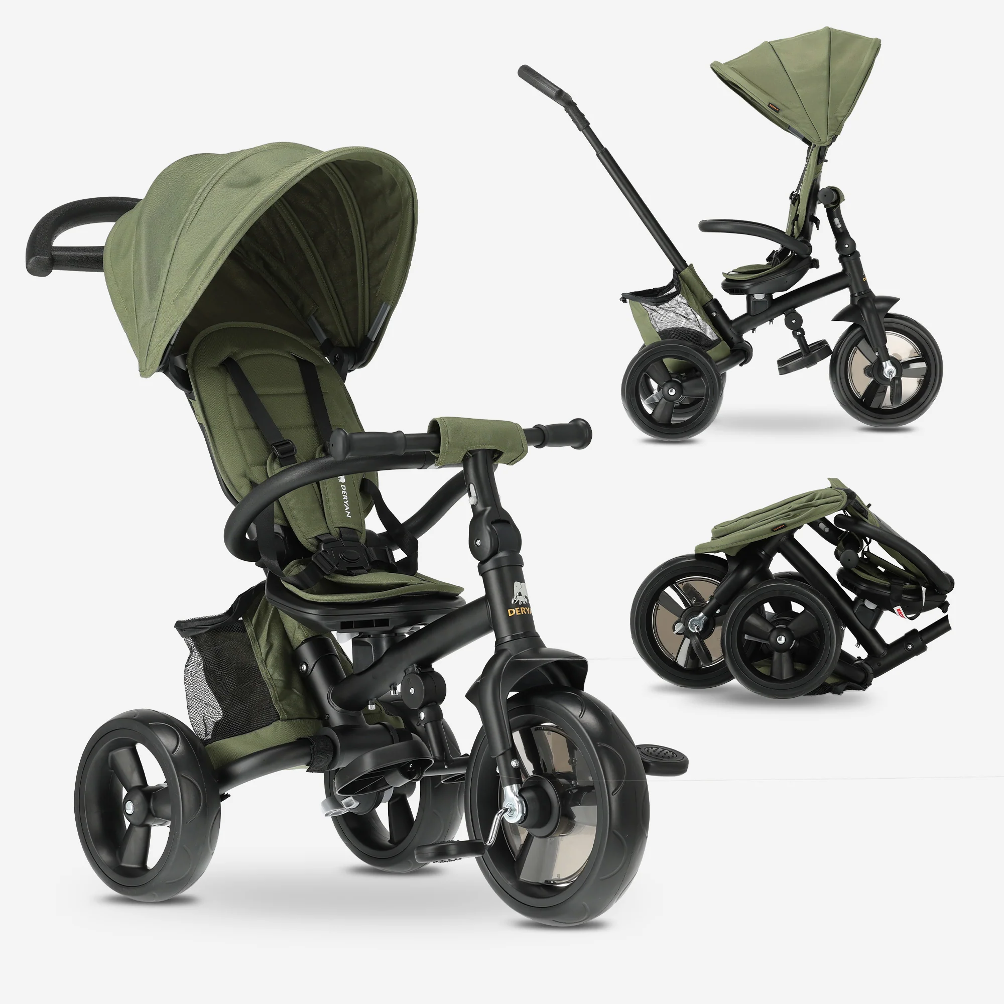 Triciclo Explorer Luxe con barra de empuje - Plegable con cesta verde