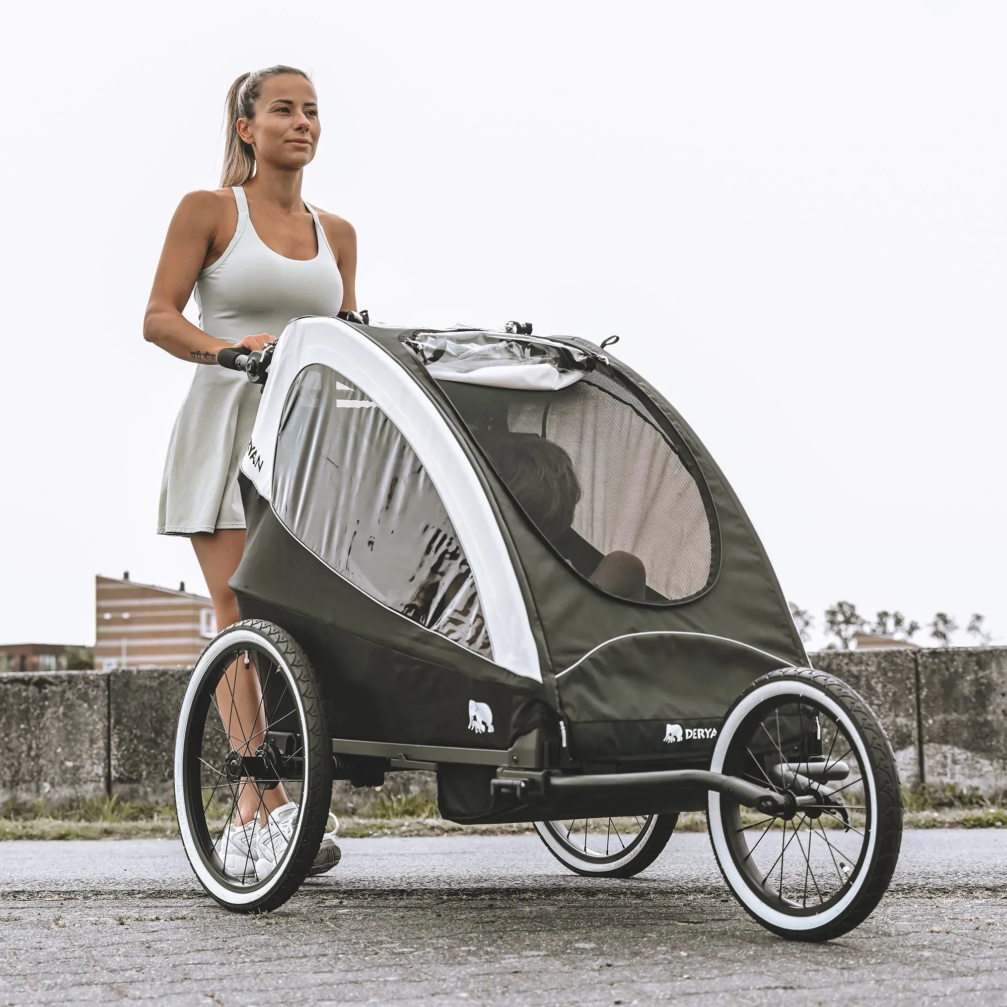 Carro de bicicleta de lujo: carro de bicicleta, cochecito y silla de paseo para correr - Negro/Crema - Image 3