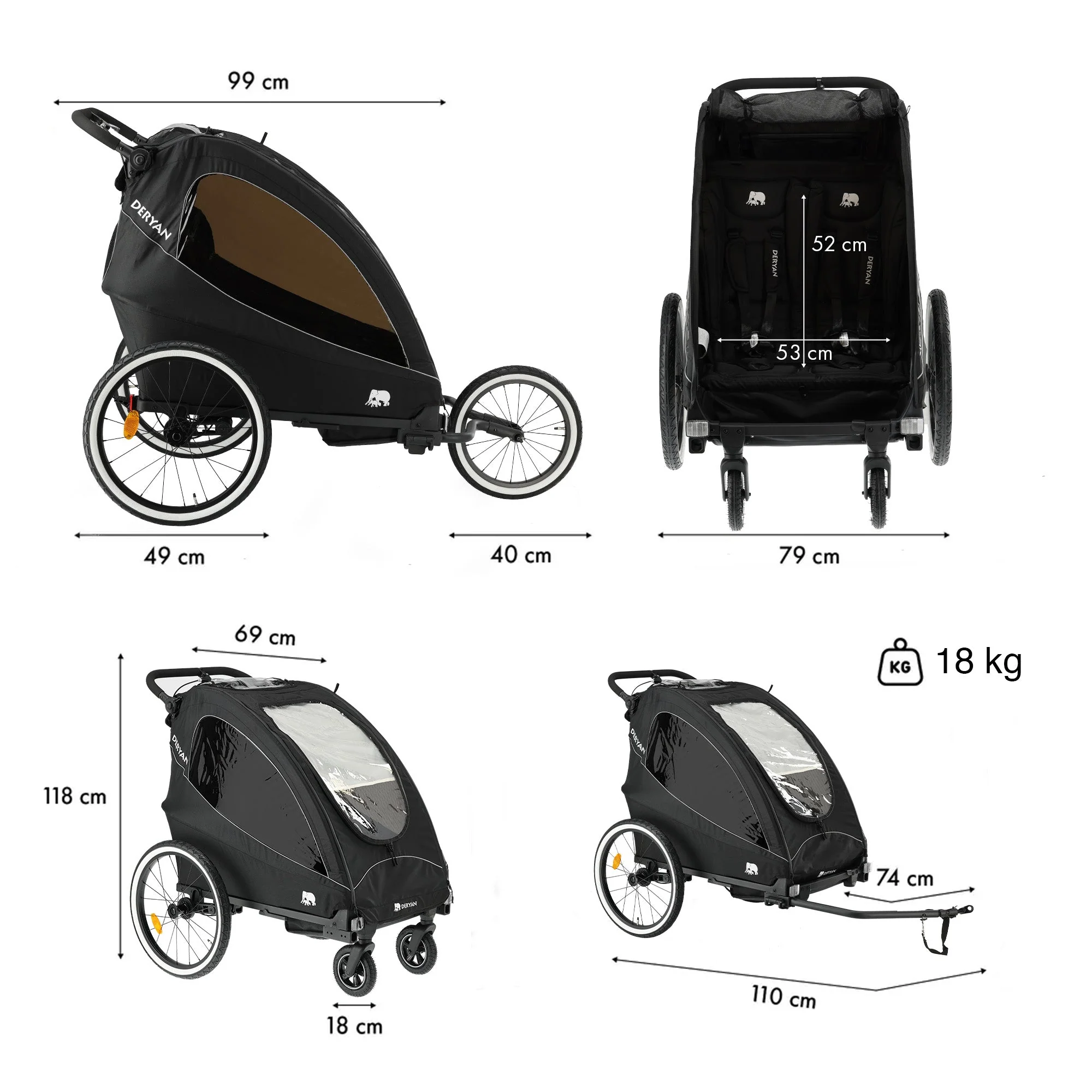 Carro de bicicleta de lujo - carro de bicicleta, cochecito y carrito para correr - Negro - Image 12